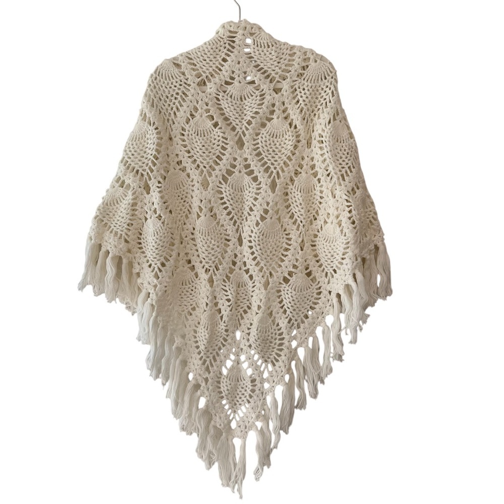 Vintage Handmade Cream Crochet Pineapple Lace Fringe Shawl Wrap - Picture 2 of 6